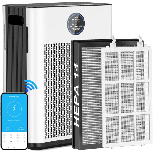 Air Purifier,FRESHDEW Smart WiFi Air Purifiers for Home with H14 HEPA and Activated Carbon Filter, Removes 99.99% of Dust,Odors,Smoke,and Pet Hair Covers up to 2300 Sq.Ft, Quiet and Energy Efficient