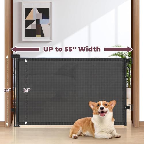 Retractable Baby Gates 2 Pack, 55 Wide Mesh Dog Gate Indoor, 34 Tall Gate for Stairs Doorways Hallways Deck, Child Pet Safety Gate for Indoor Outdoor Home Use, Black