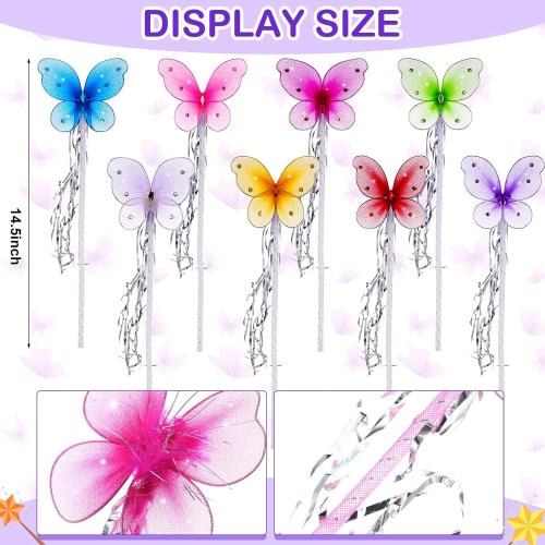 16 Pcs Fairy Wand Butterfly Wands Glitter Wand with Ribbon Colorful Princess Wands Tea Party Supplies for Halloween Cosplay Costume Birthday Baby Shower Decoration Shows Photo Props, 8 Vibrant Colors