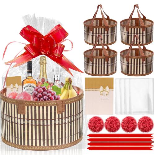 Baskets for Gifts Empty Set of 4, Bamboo Woven Gift Basket with Wrap Bags, Pull Bows, Raffia, Greeting Cards – Gift Basket Making Kit for Birthday, Shower, Housewarming