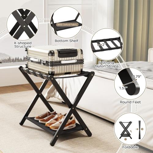 Fully Assembled Black Luggage Rack for Guest Room, Bamboo Folding Suitcase Stand with Fabric Storage Shelf, 5 Nylon Straps, Upgraded Luggage Rack Holder for Bedroom Hotel, Holds up to 165 Lbs, 1pcs