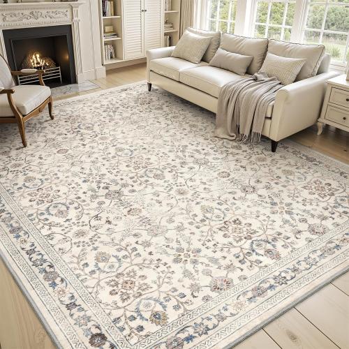 MontVoo-Vintage Area Rug 8X10 Color Beige for Living Room - Soft Distressed Printed Carpet for Bedroom - Non Slip, Machine Washable for Dining Room, Bedside, Office