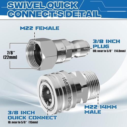 RIDGE WASHER Pressure Washer Swivel Adapter, Stainless Steel M22 14mm to 3/8 Quick Connect, Stainless Quick Disconnect for Pressure Washer Hose, 5000 PSI, 4 Pack