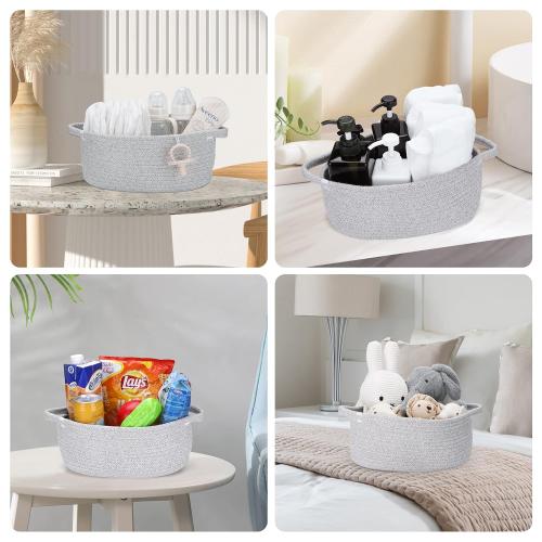 Small Woven Basket Cute Oval Cotton Rope Gifts Basket with Handle Empty Baby Wicker Storage Baskets Nursery Box Bin Kids Organizer Cat Dog Toy Baskets Easter Baskets Grey