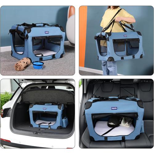 Size 24x17x17 Color Blue Petprsco Portable Collapsible Dog Crate, Travel Dog Crate 24x17x17 with Soft Warm Blanket and Foldable Bowl for Large Cats & Small Dogs Indoor and Outdoor