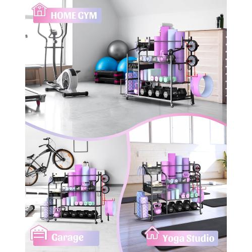 Mythinglogic Home Gym Storage Rack with Wheels for Dumbbells and Yoga Mats | Versatile storage with shelves, hooks and side holders for kettlebells, foam rollers, bands, weight plates and gym gear