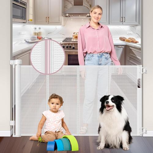 56 Inch Wide Retractable Dog Gate with Reinforced Strip, Retractable Baby Gate for Stairs to Prevent Crawling Under, Retractable Pet Gate for Stairs, Dog Gates for Doorways Mesh Gate for Pets, White