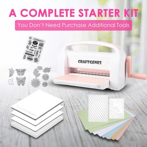 CraftGenes Manual Die Cutting Machine and Embossing Machine, 9'' Opening Size for Cardmaking, Scrapbooking, and DIY Crafts – Foldable Complete Set with A4 Die Cuts, Embossing Folders, and Plates(Pink)