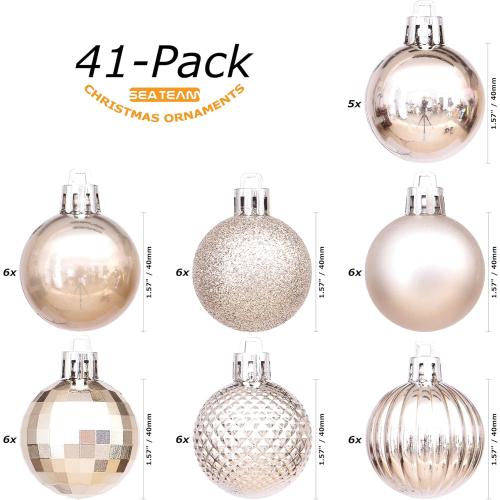 Sea Team 41-Pack Christmas Ball Ornaments with Strings, 40mm/1.57-Inch Small Size Baubles, Shatterproof Plastic Christmas Bulbs, Hanging Decorations for Xmas Tree, Holiday, Wedding, Party, Champagne