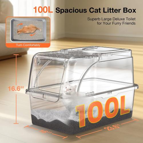 Stainless Steel Litter Box, XXL Large Metal Covered Litter Boxes, Dual Entrance Detachable Cat Litter Box with Lid, 16.6'' High Wall Urine Leak Prevention with Cat Litter Scoop (Gray)