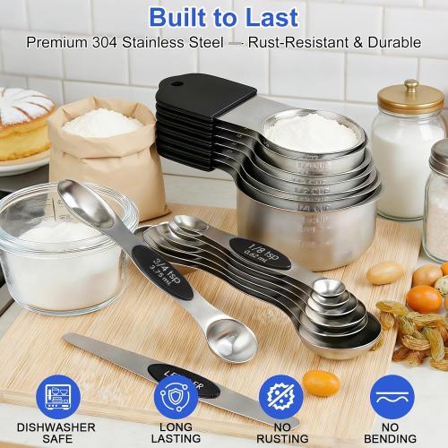 Magnetic Measuring Cups & Spoons Set, Strong N45 Magnets, Heavy Duty Stainless Steel Fits in Spice Jars for Baking & Cooking, BPA Free, Round Set of 15 with Leveler, Silver