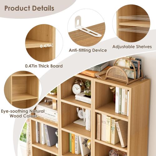 FOTOSOK 8-Tier Media Tower Rack, 11.6 X 9.3 X 71 Inches CD DVD Slim Storage Cabinet with Adjustable Shelves, Tall Narrow Bookcase Display Bookshelf for Home Office, Natural