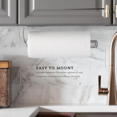 Kamenstein Perfect Tear Wall Mount Paper Towel Holder, Patented Design for One-Handed Use, Rounded Finial, 14-Inch, Brushed Silver Metal Finish