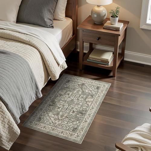 dog mat Machine Washable Non Slip Backing Mat Soft Foldable,Vintage Rugs Mats, Inside Floor Mat Doormat, Brown Lvory 2 pk