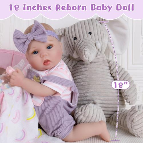Lifelike Reborn Baby Dolls - 18 Inch Realistic Baby Doll Cloth Body Newborn Girl with Elephant Outfit & Accessories, Gift Box Included for Kids Role Play, Cuddling & Collectors