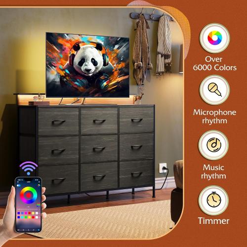 WLIVE Bedroom Dresser TV Stand 9 Drawers, Fabric Chest LED Lights, Charcoal | Black 9-drawer dresser TV stand fits 55in TV with wood top and charging station, fabric dresser for kids bedroom