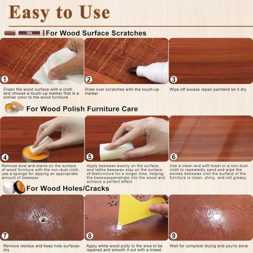 A-HEYIDA 22PCS Wood Furniture Repair Markers - 16 Colors Furniture Touch Up Pen with Beeswax Wood Putty Filler, Wooden Stain Marker Covers Scratches, Scuffs, Cabinets, Tables, Floors
