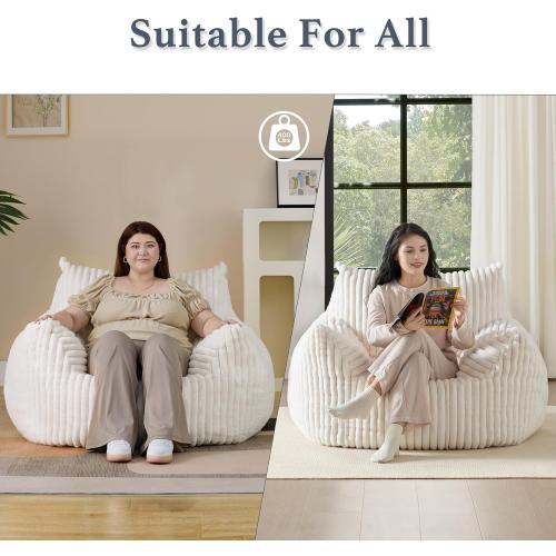 Giant Plush Bean Bag Chair for Adults with Armrests - Oversized Comfy Beige Beanbag Lounge Lazy Floor Sofa Accent Chair for Living Room, Bedroom & Dorm, Cozy Fluffy Single Cloud Mini Couch