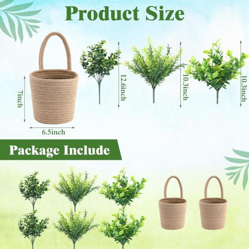 3 Pack Wall Baskets for Plants Hanging Rope Basket with Artificial Plants Woven Farmhouse Jute Storage Organizer Rustic Wall Boho Basket Decor for Porch Living Room(Green Eucalyptus Style,10 Pcs)