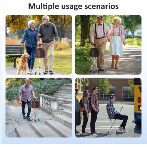Cane with Seat Folding Lightweight,Walking Stick Height Adjustment,Cane Chair for Seniors Balance Supports Up to 330 Pounds,Anti-Slip Walking Stick for Elderly Men, Disabled