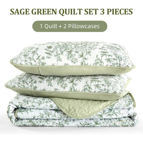 WONGS BEDDING Botanical King Size Quilt, 3 Pieces Bedspread Set, Sage Green | Floral Printed, Microfiber Coverlet, Breathable All-Season, Fits King 110x90, Perfect for Bedroom Guest Room Home Decor