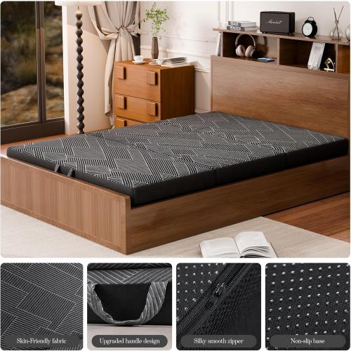 Vamcheer Tri Folding Mattress, 3 inch Full Foldable Mattress, Tri-fold Memory Foam Mat with a Collapsible and Washable Cover, Handle & Non-Slip Bottom, for Travel/Guest, 73x52x3, Grey