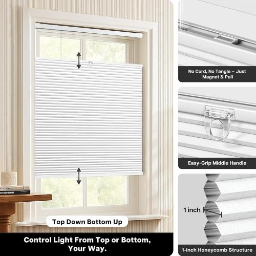 Lazblinds Upgraded Magnetic Top Down Bottom Up (TDBU) Honeycomb Blinds, No Drill No Tools Easy Install Cordless Cellular Shades for Windows 33.5 W x 64 H, White - Blackout