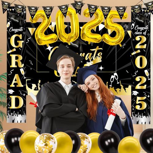 Graduation Decorations 2025, Black and Gold Graduation Decorations Class of 2025 Congrats Grad Backdrop Banner Porch Sign with for Graduation Party Decorations 2025 Graduation Decor