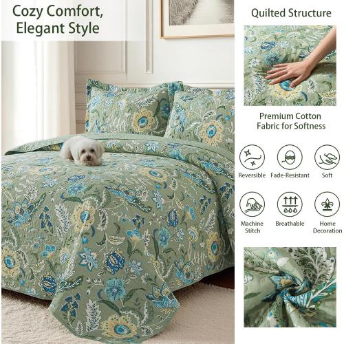 TWINRUN King Size Cotton Quilt Set | Vintage Sage Green/Dusty Blue Bedspread with Botanica (98x106 Inch   2 Pillowcases) | Lightweight Farmhouse Bedding for Coastal & Boho Bedrooms for All Seasons