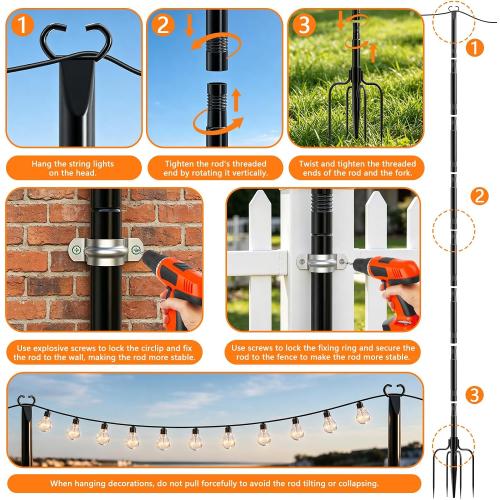10Ft String Light Poles 4 Pack,Poles for Outdoor String Lights with Fork and Fence Clamp,Hanging Lights Metal Stand Post for Deck Patio Backyard Garden Decorations