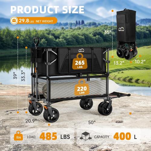Black Foldable 50''L Extra Long Double Decker Wagon for Sport, 400L Collapsible Heavy Duty Wagon Cart with Big Wheels, Utility All-Terrain Large Extender Cart for Outdoors