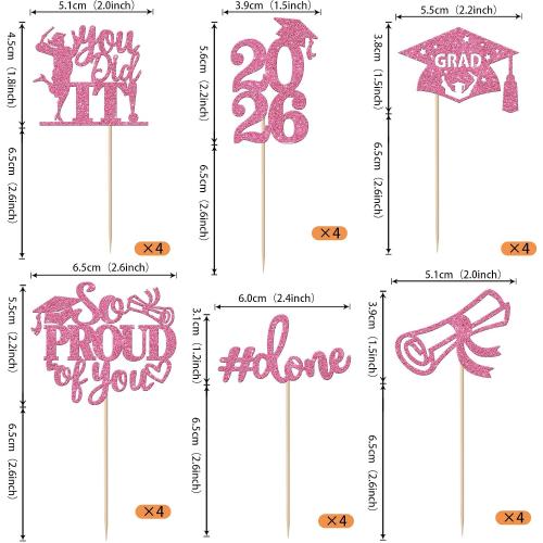 24 Pack 2026 Graduation Cupcake Toppers Glitter So Proud of You Done Diploma Grad Cap Cupcake Picks You Did it Cake Decorations for 2026 Graduation Theme Party Decorations Supplies Pink