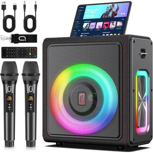 Karaoke Machine, Portable Bluetooth 5.3 Speaker with 2 Wireless Microphones for Adults, PA System with Pitch Correction & Echo Adjustment, Supports TWS/TF Card/USB/AUX/Live/REC for Home Party (200W)