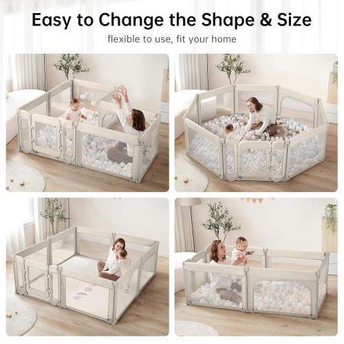 Baby Playpen with Door, Foldable Adjustable Play Pen for Babies and Toddlers,Heavy-Duty Play Yard Fence Play Area, Large Toddler Playpen,Khaki