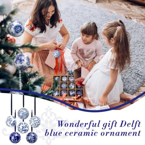 Cindeer 9 Pcs Blue and White Christmas Porcelain Balls 2.4 Inch Porcelain Chinoiserie Ornament Bulk Christmas Ceramic Hanging Decorative for Tree Home Xmas Party (Elegant Style)