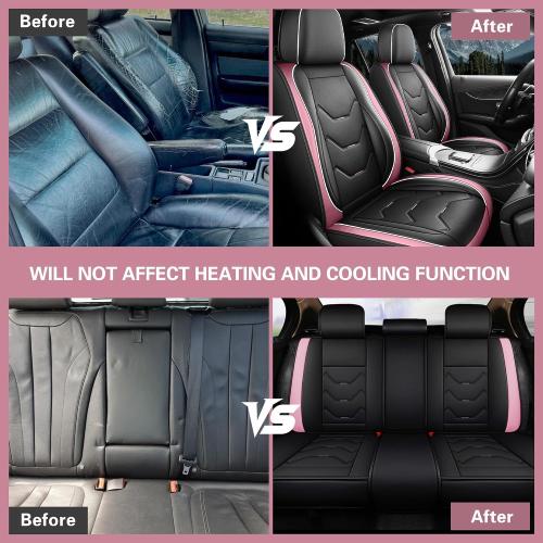 otoez Car Seat Covers Full Set, 5 Seat Pink Leather Seat Cover for Car, Waterproof Automotive Front and Back Seat Protectors for Most Sedens Trucks SUVs, Black & tan with pillows