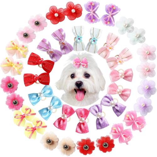 Janinka 40 Pieces Dog Bows Cute Dog Hair Bows for Puppy Hair Bowknot with Rubber Bands Lace Organza Rhinestone Pearls Multicolor Pet Grooming Accessories