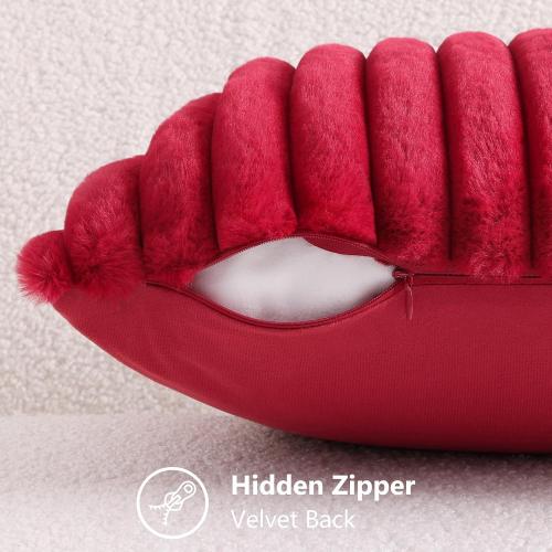 decorUhome Faux Fur Christmas Throw Pillow Covers 24x24 Set of 2, Decorative Soft Plush Striped Neutral Couch Euro Pillow Covers with Velvet Back for Sofa, Bed, Living Room Home Decor, Red