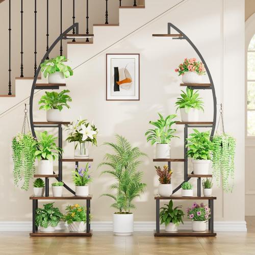 BACEKOLL Plant Stand with Grow Lights 2 Pack Tall Indoor Plant Shelf 64 | 7-Tier 2 Pack 64 Plant Stands, Grow Lights Dual-Head, 14 Potted Stands   2 Hangers, Half-Moon, Iron Frame, for Patio, Black