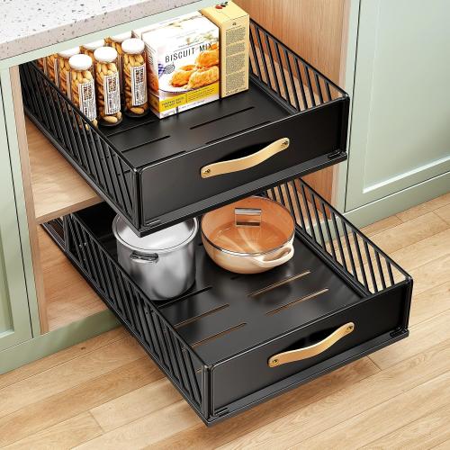 Pull out Cabinet Organizer Fixed with Adhesive Nano Film,Heavy Duty Slide out Pantry Shelves Drawer Storage,Sliding Mesh Cabinet Basket with Handle for Kitchen, Bathroom,Home, 15.8W X 21D X6.2H