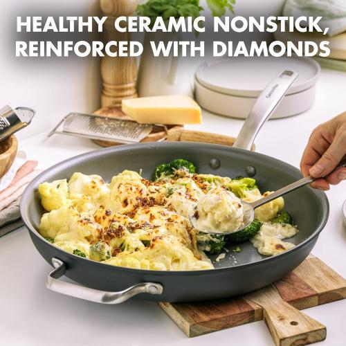GreenPan Chatham Hard Anodized Healthy Ceramic Nonstick, 13 Frying Pan Skillet with Helper Handle, PFAS-Free, Dishwasher Safe, Oven Safe, Gray