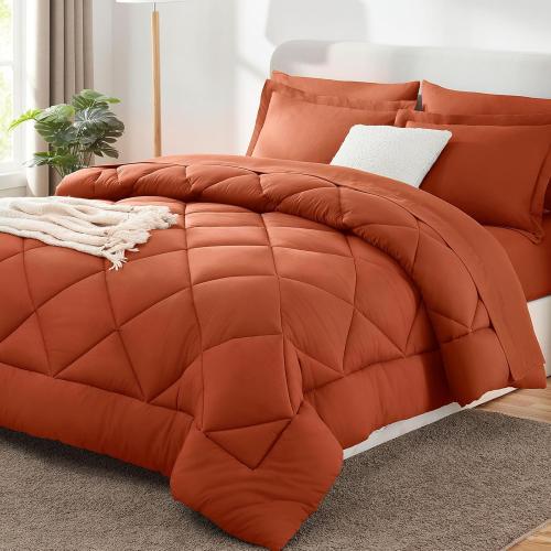 Size Super king Color burnt orange CozyLux  Comforter Set Burnt Orange - Bed in a Bag Size Luxury Soft Bed Set for All Seasons, Bedding Set with Down Alternative Comforter, Sheets, Pillowcases & Shams, Terracotta