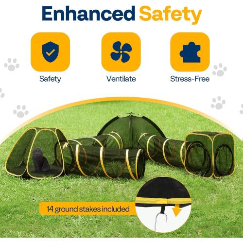 VIVOHOME 6-in-1 Outdoor Cat Enclosure with Playhouse, 2 Tents & 3 Tunnels - Portable Cat Playground with Leash and Mint Ball for Indoor/Outdoor Use, Yard Balcony Camping Safety