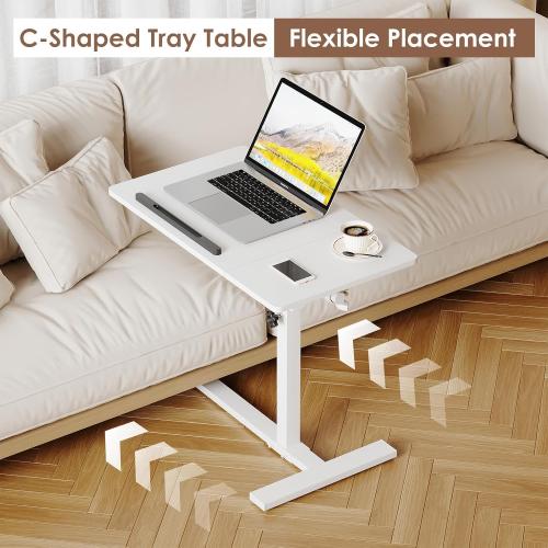 Height Adjustable C-Shaped Table with Removable Wheels, Mobile Sofa Snack Table with Tiltable Top, Adjustable Laptop Stand for Couch, Bedside Desk with Pen Slot, White