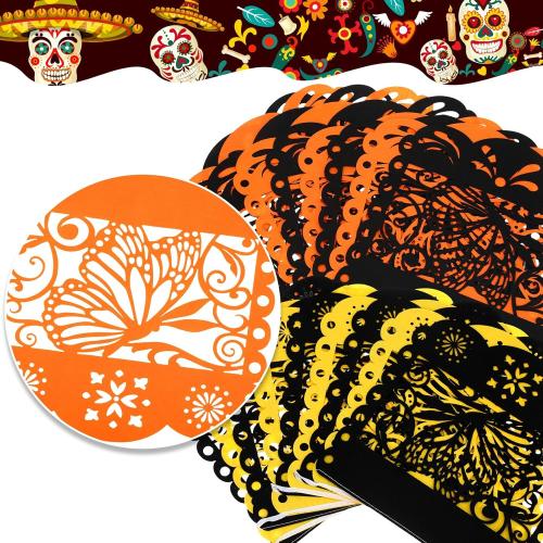 Riceshoot 52 Pieces Day of the Dead Decorations Set Fiesta Artificial Marigold Flower Heads with Stems Monarch Butterfly Felt Mexican Party Banner for Dia De Los Muertos Altar Diwali Decor