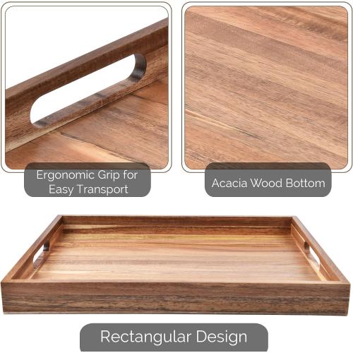 2pk Acacia Wood Serving Tray with Handles – Decorative Serving Trays Platter for Breakfast in Bed, Lunch, Dinner, Patio, Ottoman, Coffee Table, BBQ, Party –Great for Lap &Couch