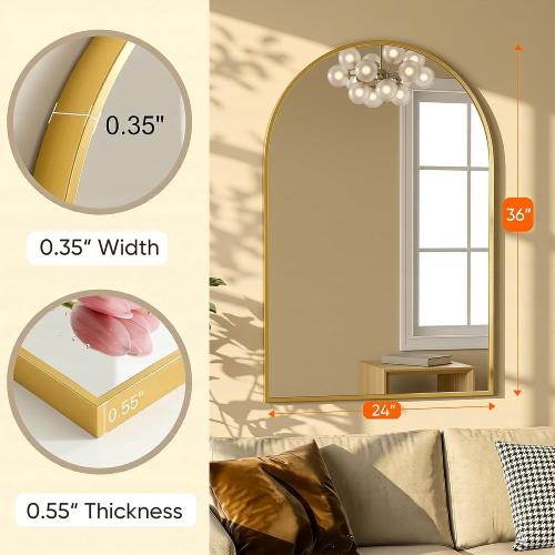 Antok Arched Bathroom Mirror, 24x36 Wall Mounted Mirror, Vanity Mirrors for Over Sink, Aluminum Alloy Frame Bathroom Mirrors Living Room, Bedroom and Entryway, Gold