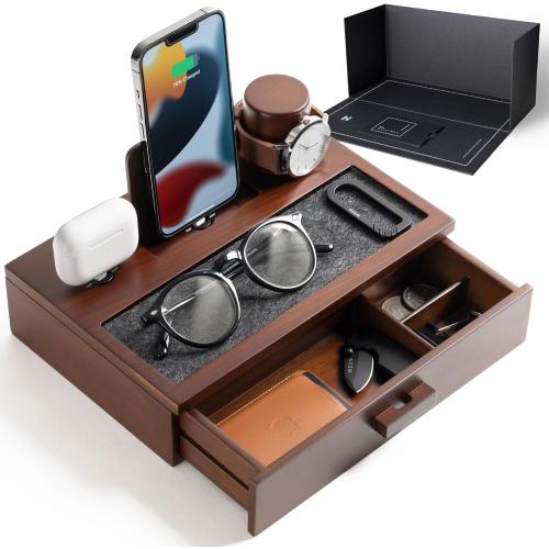 Holme & Hadfield Premium Wooden Phone Docking Station with Drawer – Nightstand Organizer for Charging Phone & Earbuds – Declutter Your Space with Felt-Lined Protection & Watch Pillar - Gift For Men