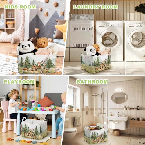 Cute Animals Storage Baskets, Woodland Nursery Decor, Woodland Baby Shower Decorations, Large Squarecanvas Laundry Hamper With A Waterproof PECoating, Foldable Kids Toy Clothes Bins for Bedroom