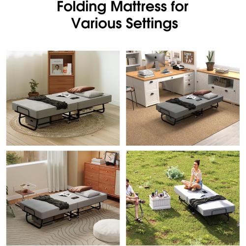 Folding Bed with Mattress, Portable Foldable Bed for Adults, Roll Away Guest on Wheels, Memory Foam Mattress and Metal Frame, Space Saving Fold Up for Easy Storage, 75 x 31